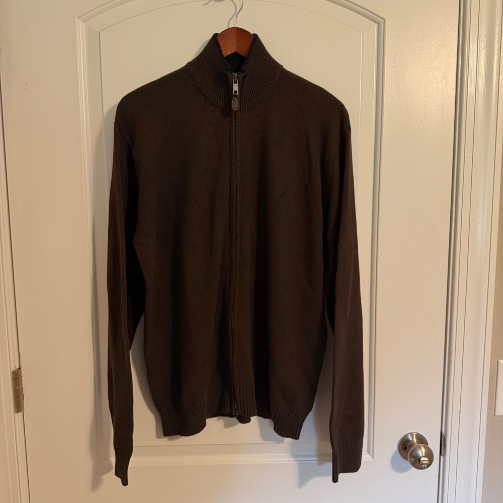 Nautica Mens Full Zip Sweater Brown Cotton Mock Neck Knit Cardigan Large